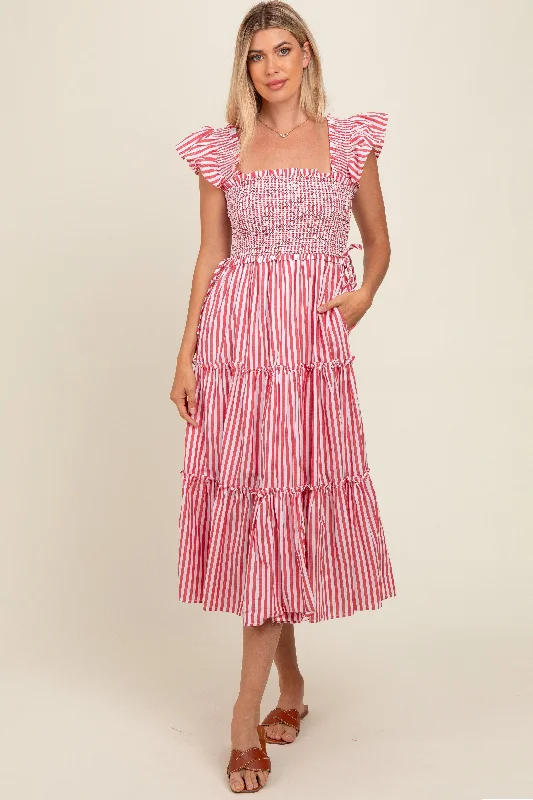 Retro Dresses for Throwback -Red Striped Smocked Ruffle Tiered Midi Dress