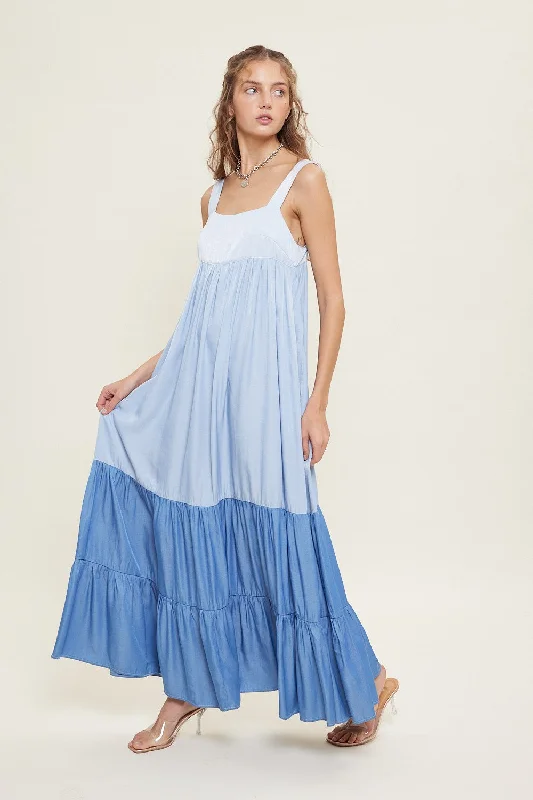 Birthday Dresses for Celebration -Blue Sleeveless Tiered Tie Back Maxi Dress