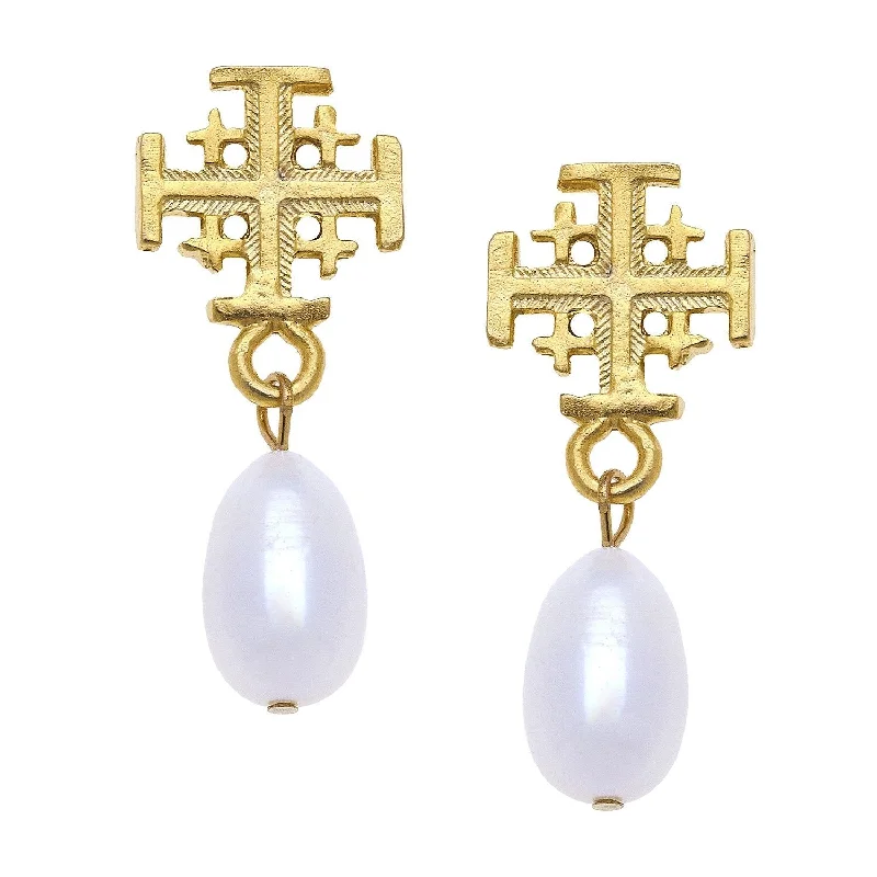 Drop Earrings with Vine Designs -Susan Shaw Dainty Cross Drop Pearl Earrings