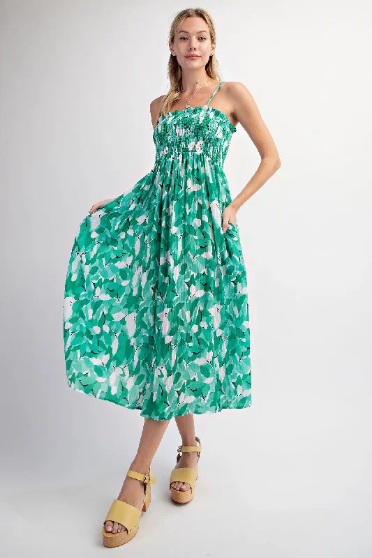 Resort Dresses for Vacation -Green Abstract Floral Smocked Midi Dress