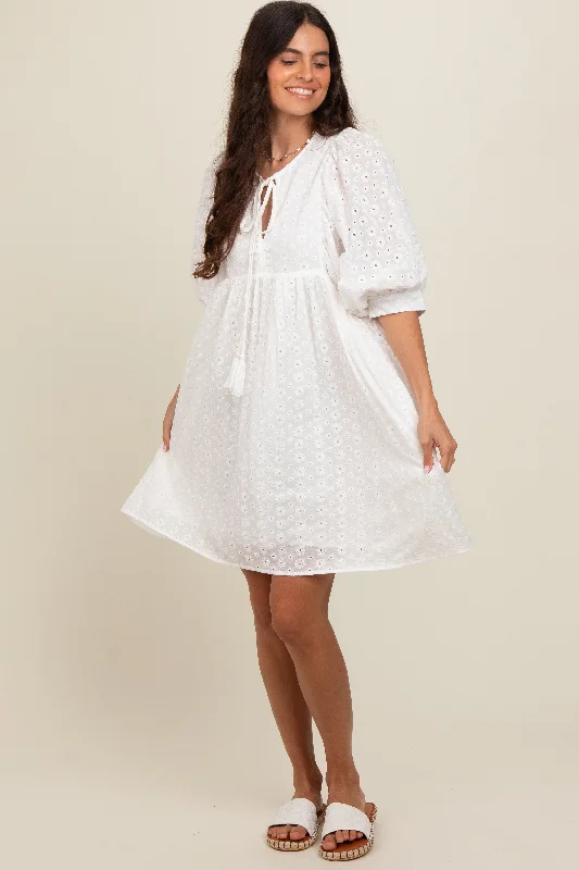 Long-sleeved Dresses for Coverage -White Floral Eyelet Puff Sleeve Dress