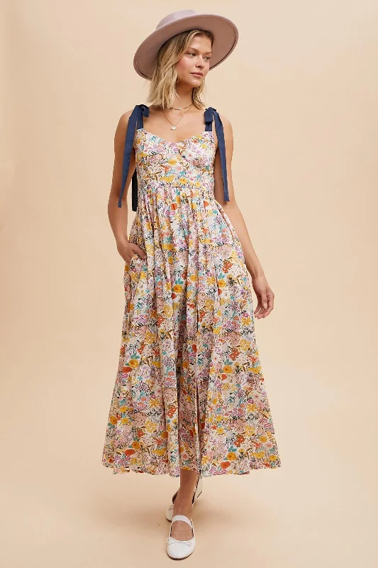 Bohemian Dresses with Tassels -Navy Creme Multi Cotton Floral Maxi Dress