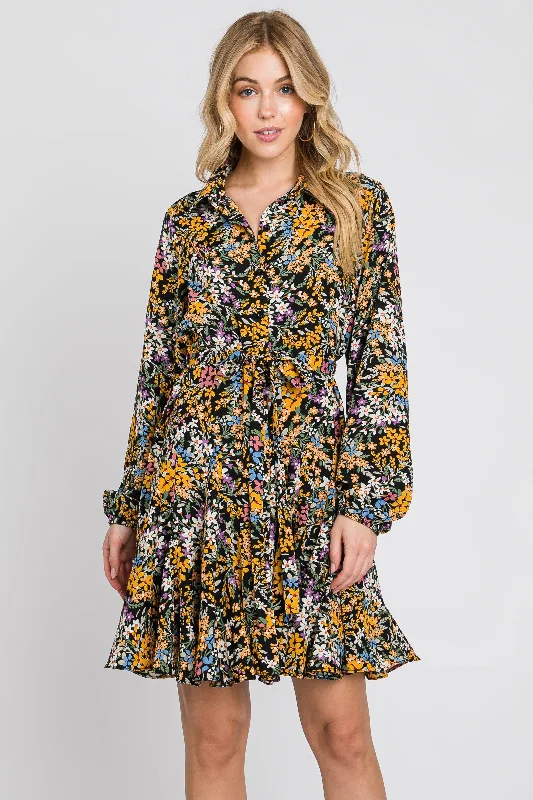 Spandex Dresses for Flexible -Marigold/Black Floral Flare Dress