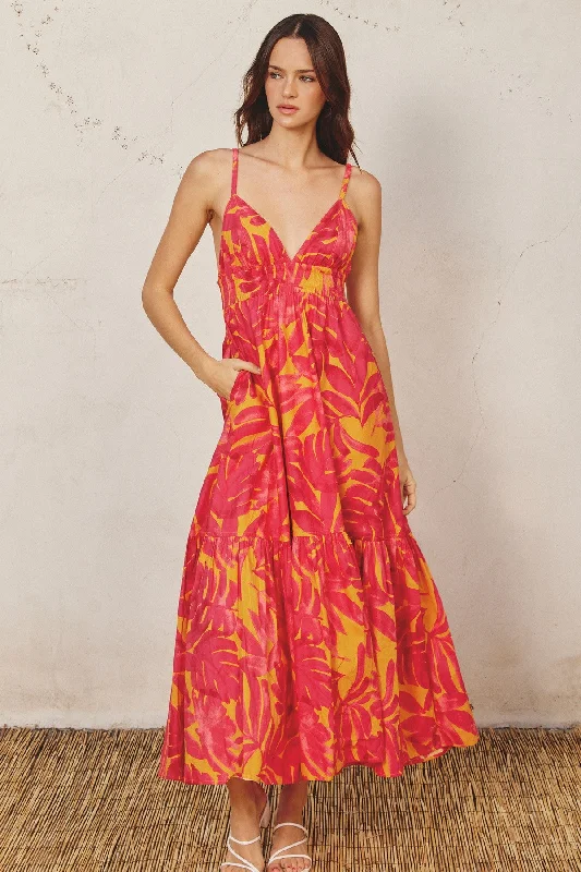 Valentine's Day Dresses for Romance -Coral Leaf Print Open Back Midi Dress