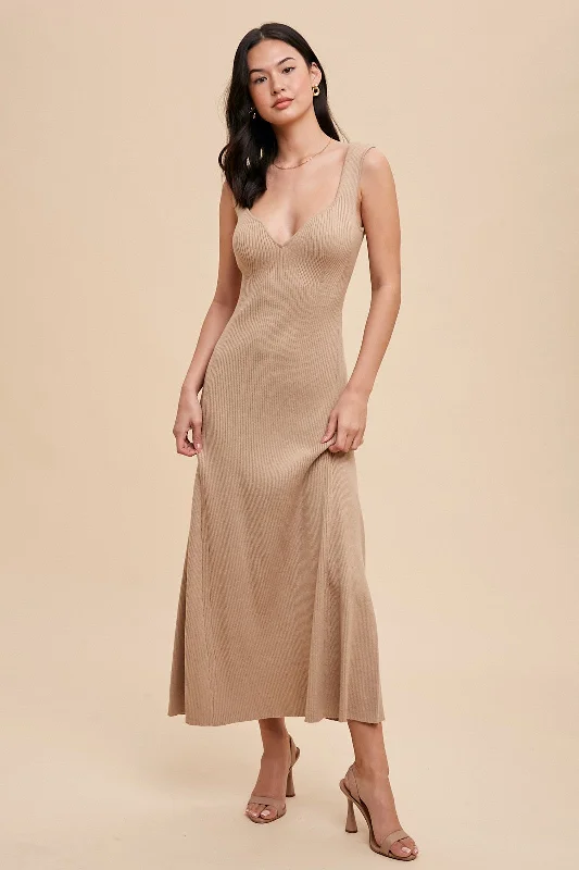 Sequined Dresses for Sparkle -Beige Knit Deep V-Neck Maxi Dress