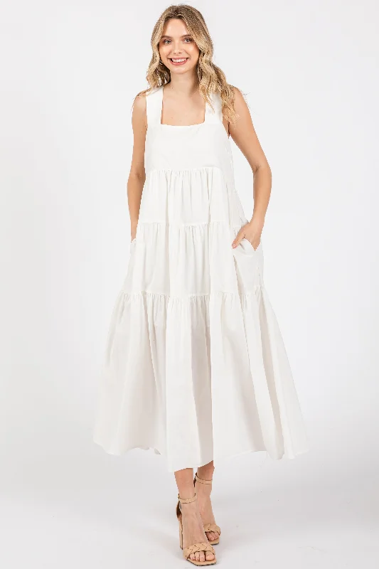 Midi Dresses for Versatile Wear -White Tiered Maxi Dress