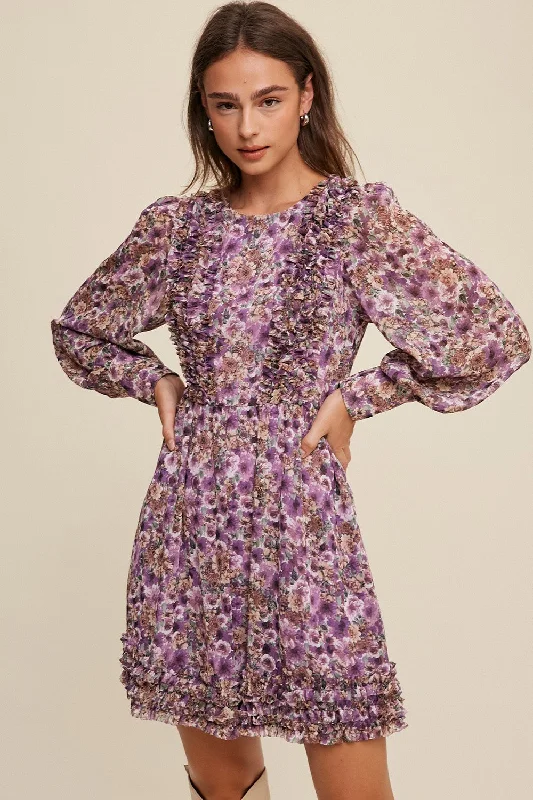 Tie-up Dresses for Decorative -Violet Floral Print Ruffle Detailed Long Sleeve Dress