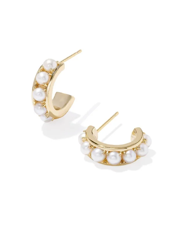 Drop Earrings with Debossed Designs -Krista Huggie Earrings In White Pearl