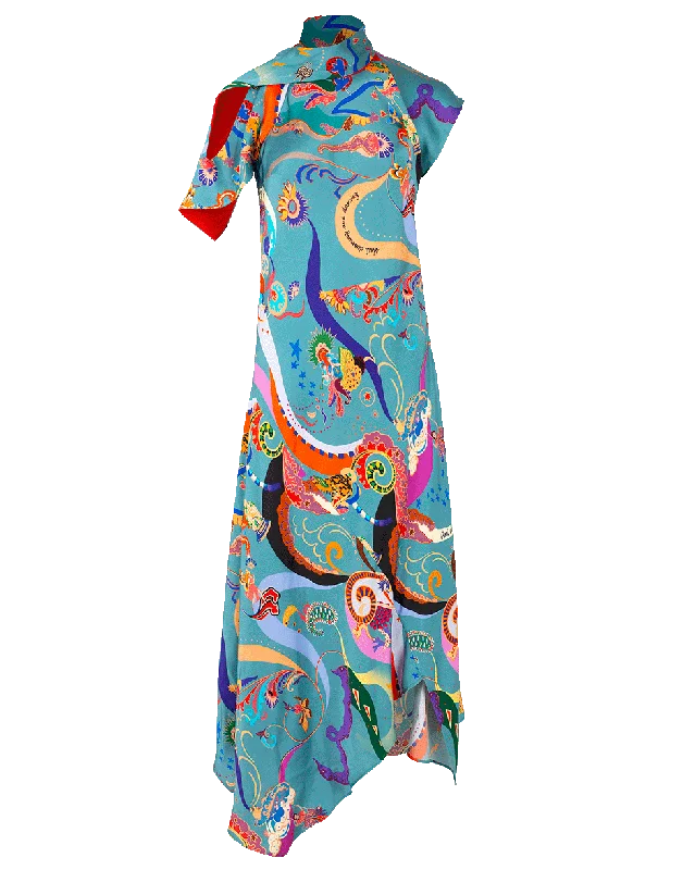 Resort Dresses for Vacation -High Neck Asymmetrical Print Dress