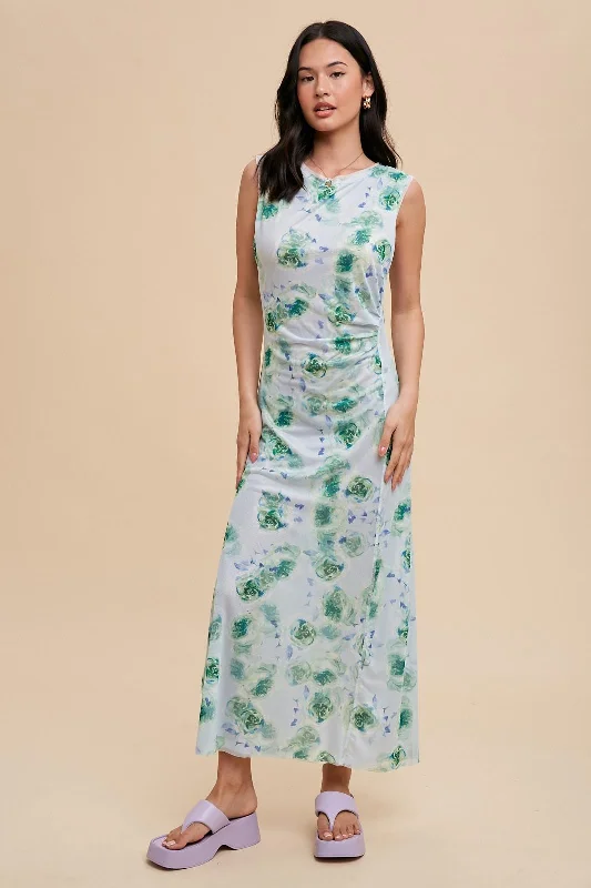 A-line Dresses for Flattering -Light Blue Rose Print Ruched Mesh Dress