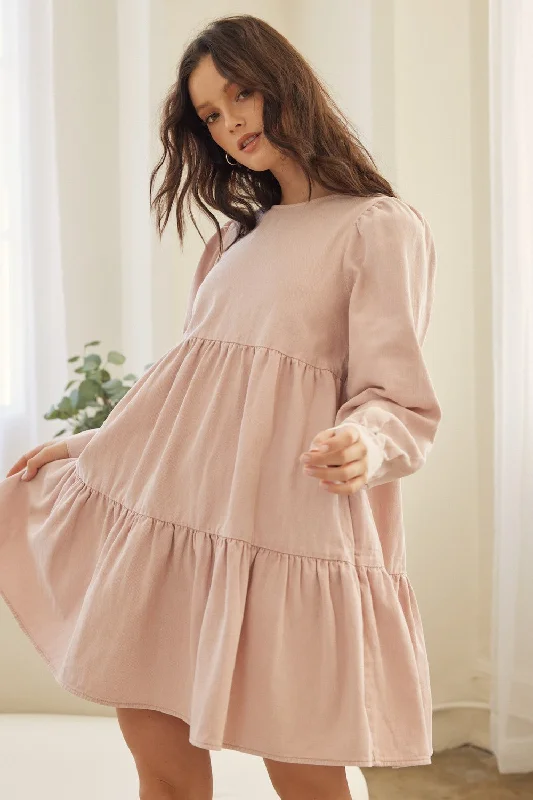 Retro Dresses for Throwback -Dusty Pink Cotton Twill Baby Doll Ruffle Back Tie Dress