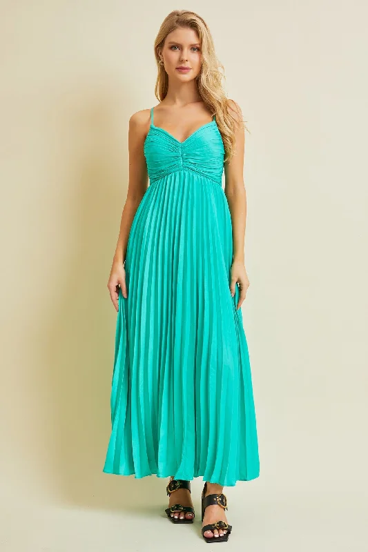 High-waisted Dresses for Flatter -Turquoise Pleated Back Cutout Tie Maxi Dress