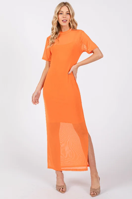 Maximalist Dresses for Bling -Orange Layered Mesh Maxi Dress