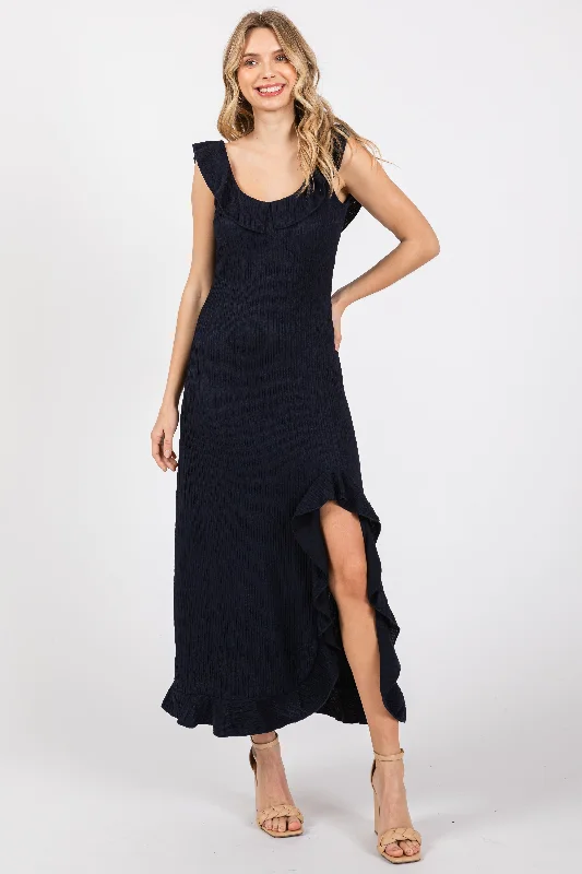 Short-sleeved Dresses for Summer -Navy Textured Sleeveless Ruffle Slit Maxi Dress