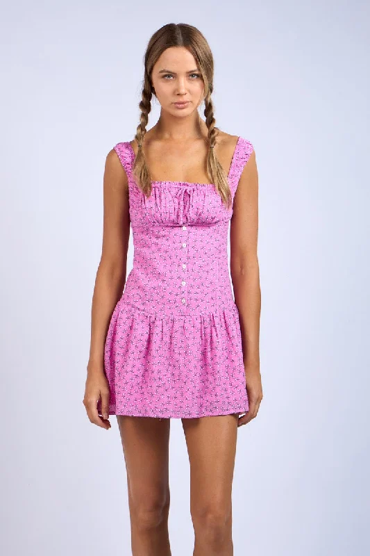 Retro Dresses for Throwback -Pink Floral Pattern Ruched Bust Wide Strap Mini Dress