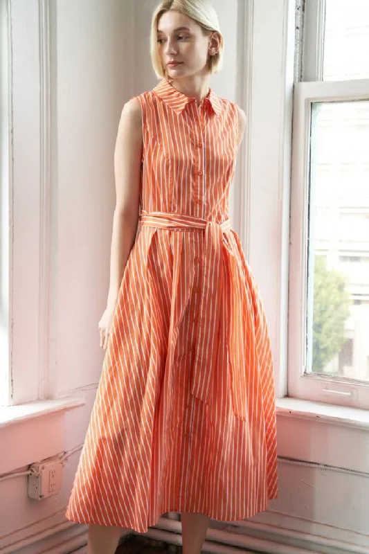 Green Dresses for Nature -Orange Stripe Button Down Dress