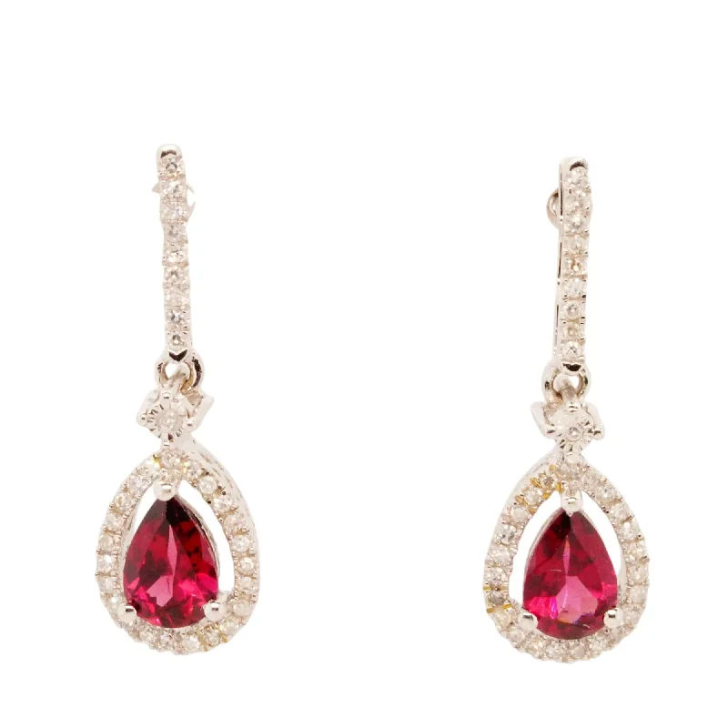 Magnetic Closure Drop Earrings for Easy -14K White Gold Pear Rhodolite Garnet With Diamond Accents Dangle Earrings