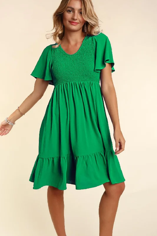 Sheath Dresses for Sophisticated -Green Smocked Ruffle Hem Dress