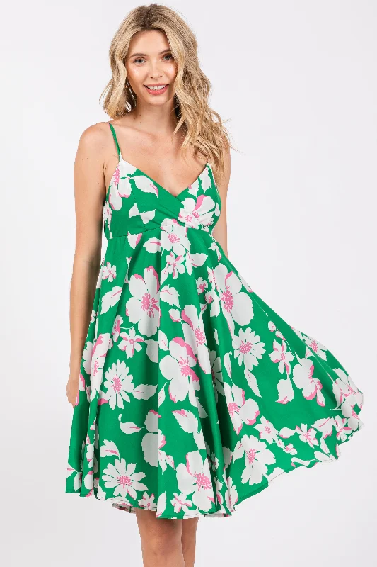 Casual Dresses for Everyday -Green Floral Wrap Top Accent Dress