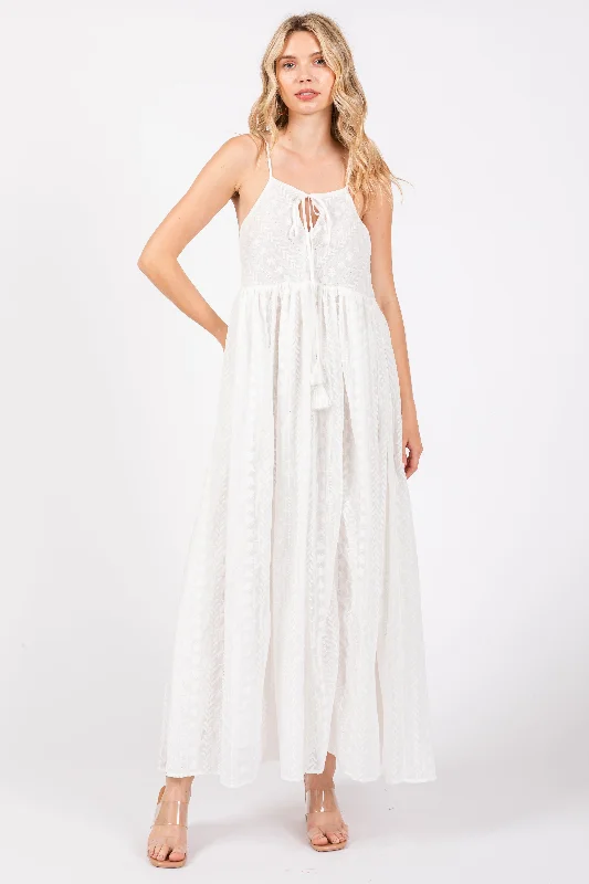 Formal Dresses for Occasions -Ivory Embroidered Tassel Tie Maxi Dress