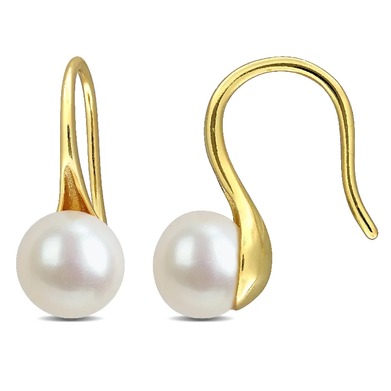 Miadora 6-7mm Cultured Freshwater Pearl Wave Shepherd Hook Earrings Yellow Plated Sterling Silver