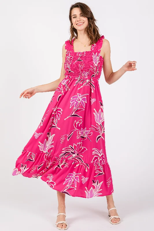 Evening Dresses for Formal Events -Fuchsia Floral Smocked Midi Dress