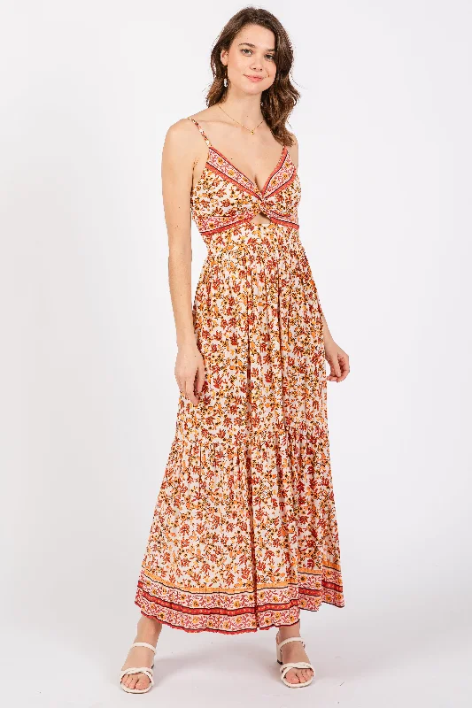 Leather Dresses for Luxury -Red Floral Strapless Maxi Dress