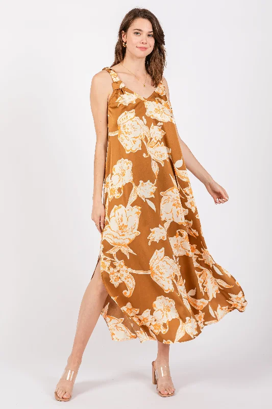 Sundress Dresses for Sunny -Mocha Floral Ruched Strap V-Neck Midi Dress