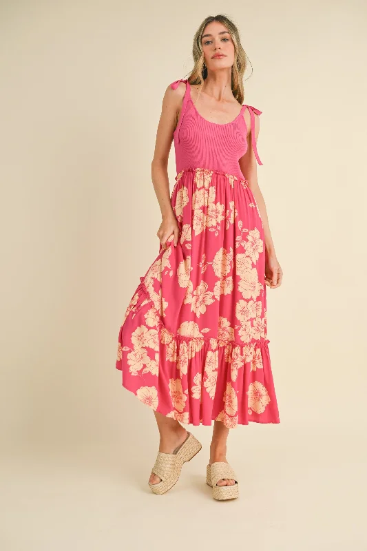 Orange Dresses for Energetic -Fuchsia Floral Colorblock Midi Dress