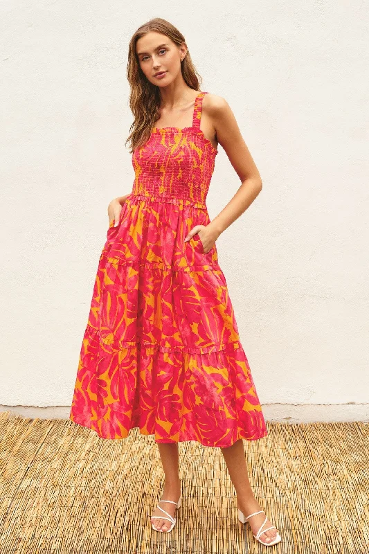 Patchwork Dresses for Bohemian -Coral Tropical Smocked Ruffle Tiered Midi Dress