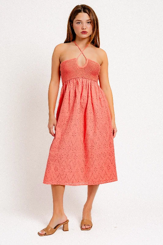 Tiered Dresses for Voluminous -Coral Eyelet Crochet Halter Dress