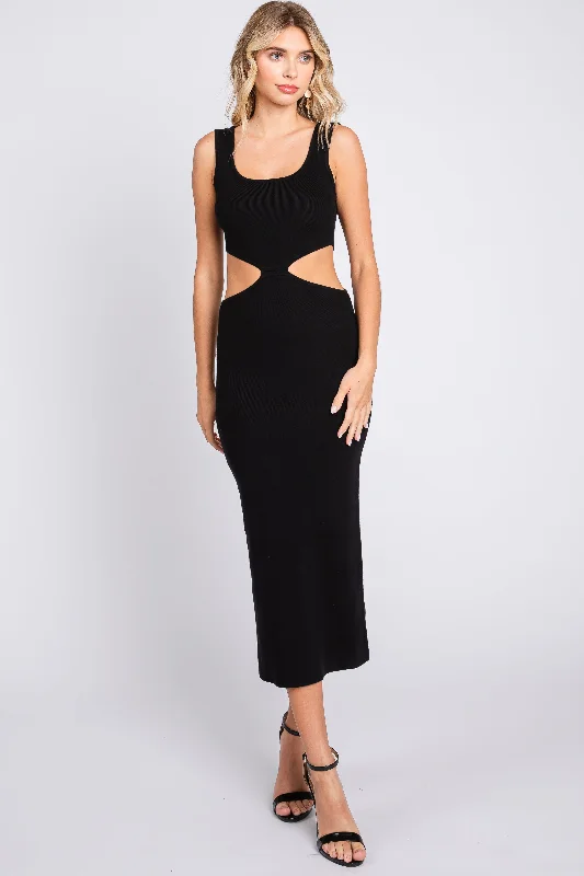 Indian Dresses with Intricacy -Black Sleeveless Side Cutout Midi Dress