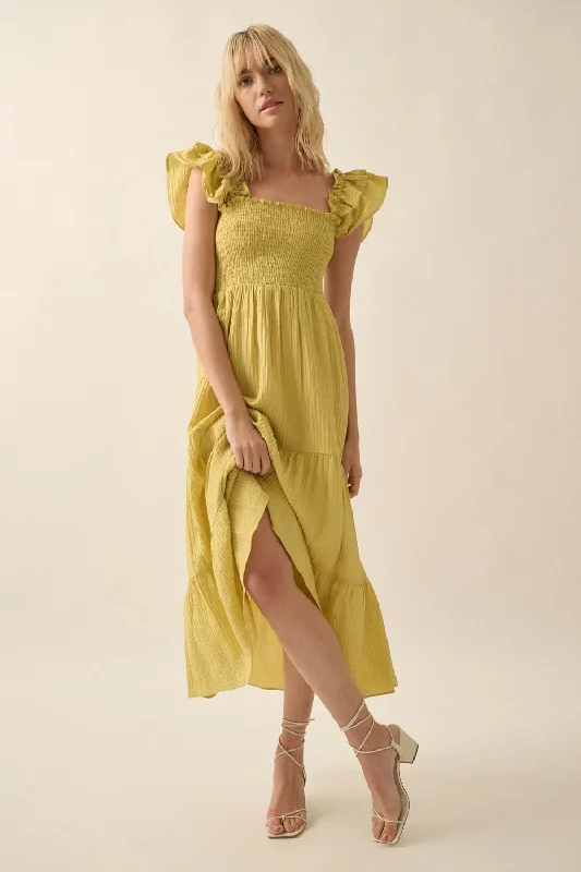 Bohemian Dresses with Tassels -Key Lime Solid Square-Neck Smock-Bodice Midi Dress