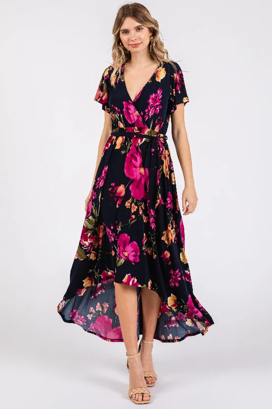 Ethnic Dresses with Tribal Design -Navy Blue Floral Print Wrap Front V-Neck Hi-Low Midi Dress