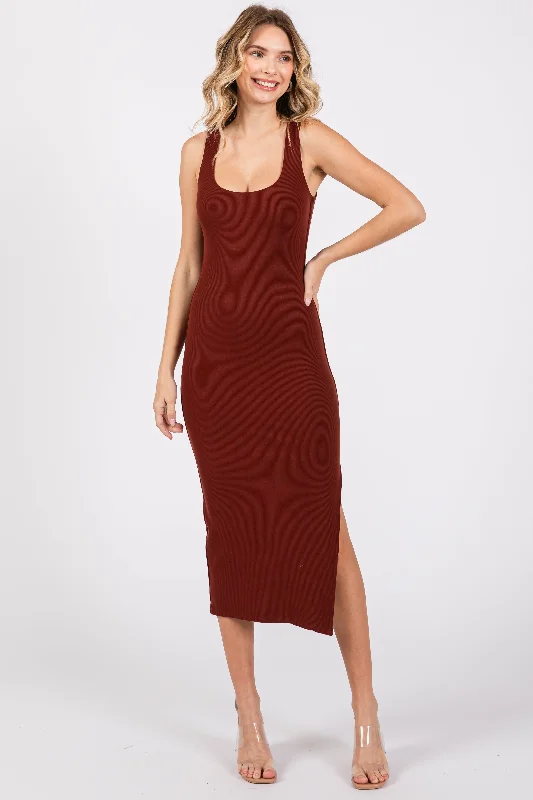 Fringed Dresses for Edgy -Dark Rust Ribbed Knit Sleeveless Side Slit Dress