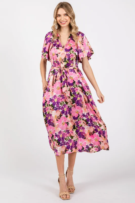 Sheath Dresses for Sophisticated -Violet Floral V-Neck Short Puff Sleeve Tie Waist Satin Midi Dress