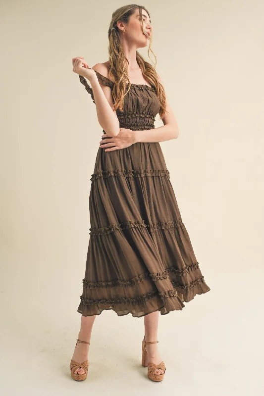 Valentine's Day Dresses for Romance -Brown Ruffled Midi Dress