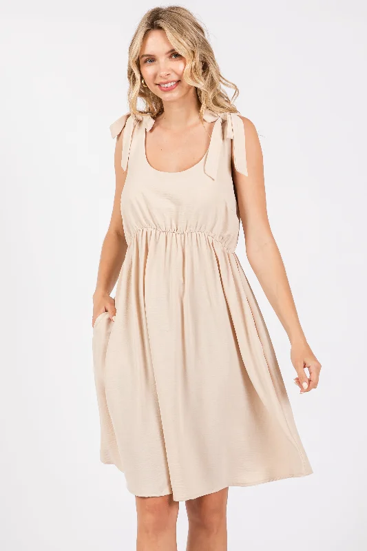 Maximalist Dresses for Bling -Beige Solid Tie-Shoulder Scoop Neck Dress