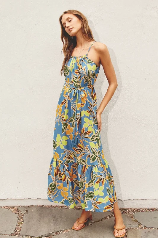 Birthday Dresses for Celebration -Blue Floral Open Back Midi Dress