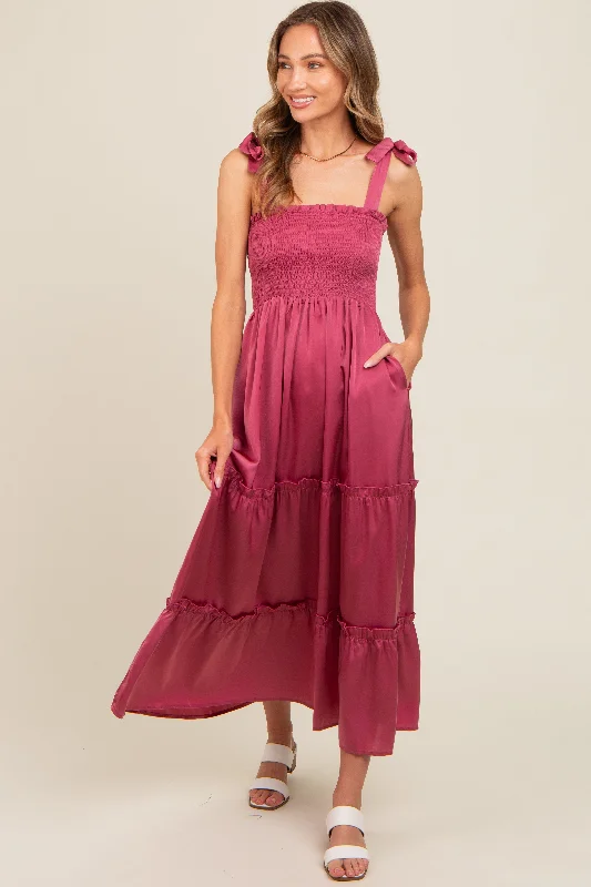 Evening Dresses for Formal Events -Mauve Satin Smocked Maxi Dress