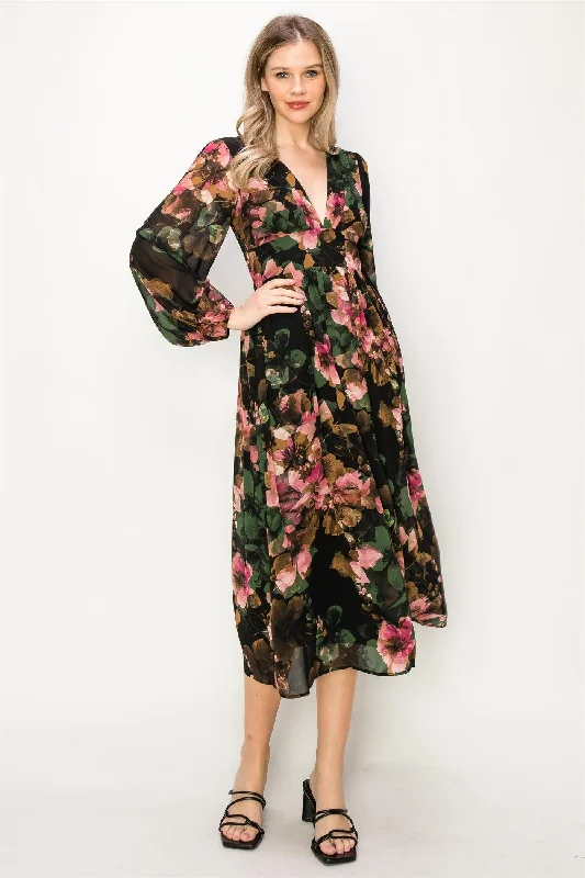 Nylon Dresses for Stretchable -Green Chiffon Floral Long Sleeve V-Neck Maxi Dress