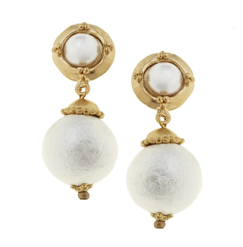 Heart Shaped Drop Earrings for Love -Susan Shaw Handcast Gold with Cotton Pearl Earrings