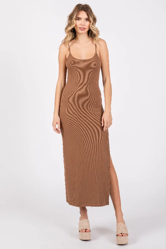 Tiered Dresses for Voluminous -Mocha Ribbed Sleeveless Side Slit Dress