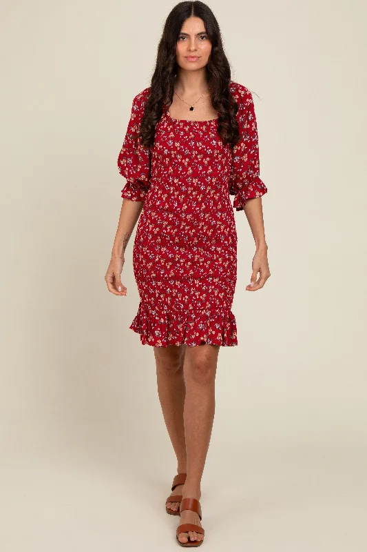 High-waisted Dresses for Flatter -Red Floral Smocked Fitted Dress