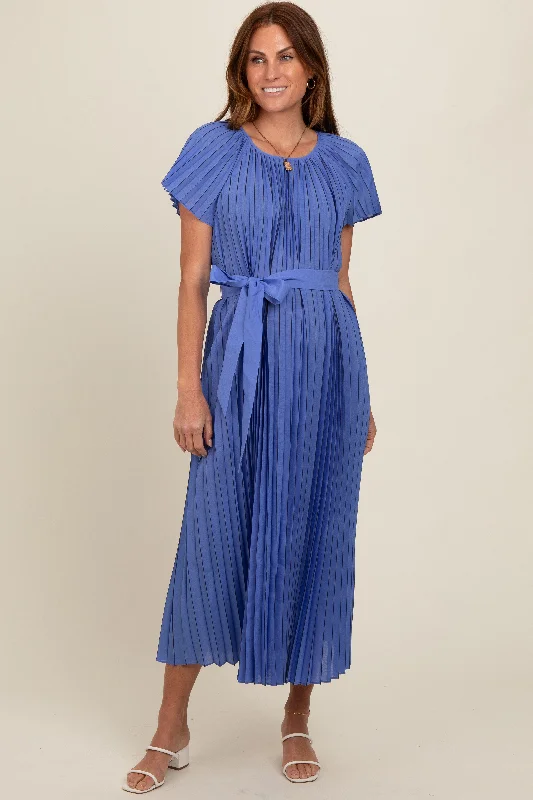 Strapless Dresses for Glamorous -Blue Pleated Sash Tie Midi Dress