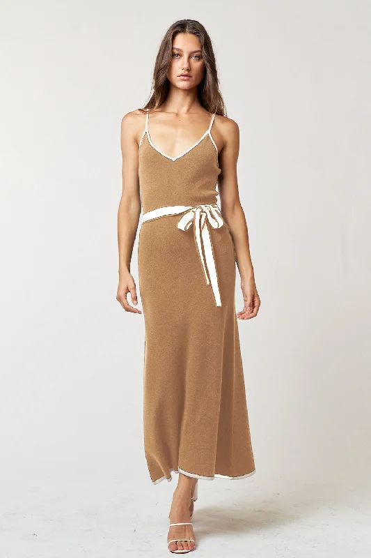 Belted Dresses for Shaping -Taupe Contrast Piping Midi Dress