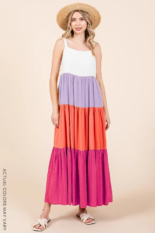 Modern Dresses for Trendy -Fuchsia Tiered Colorblock Maxi Dress