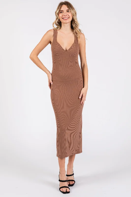 Wedding Dresses for Bridal Look -Mocha Ribbed Sweetheart Neck Midi Dress