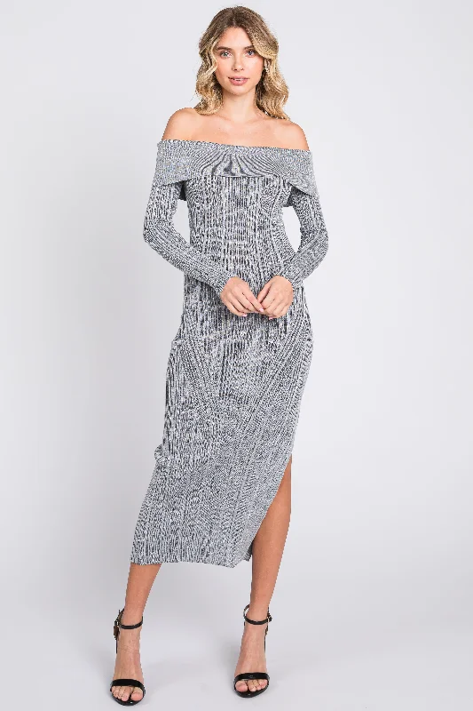 Punk Dresses with Spikes -Grey Metallic Ribbed Side Slit Off Shoulder Midi Dress