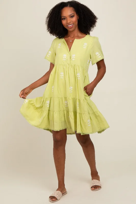 Tiered Dresses for Voluminous -Lime Embroidered Split Neck Dress